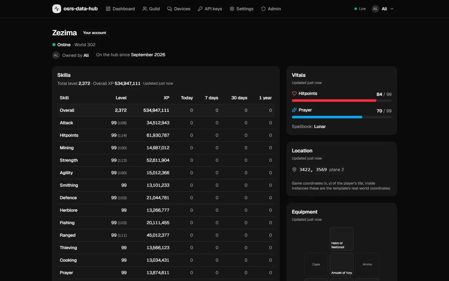 An account page: skills with gains, vitals, location and gear