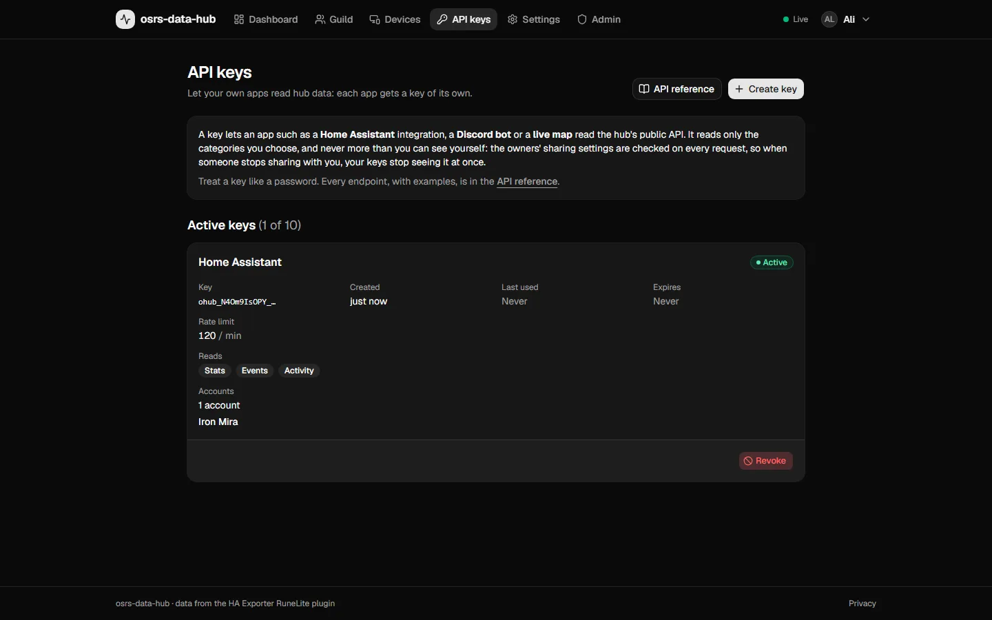 The API keys page with one active key