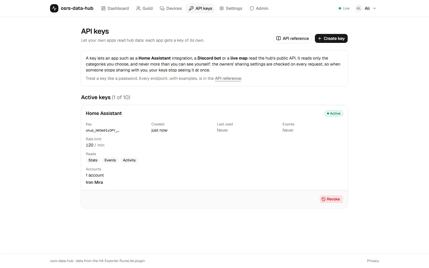 The API keys page with one active key