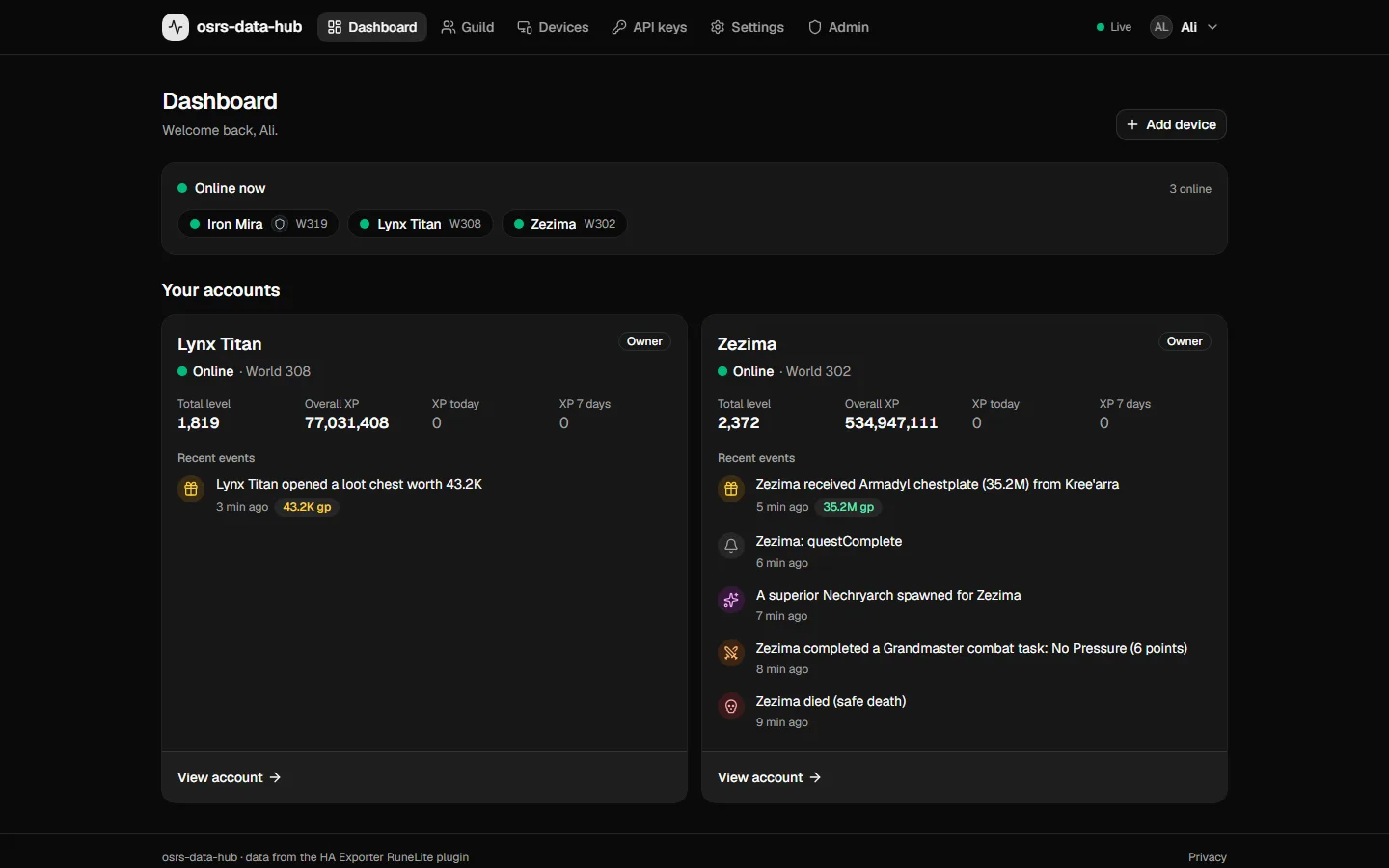 The dashboard: who is online and a card per account with recent events
