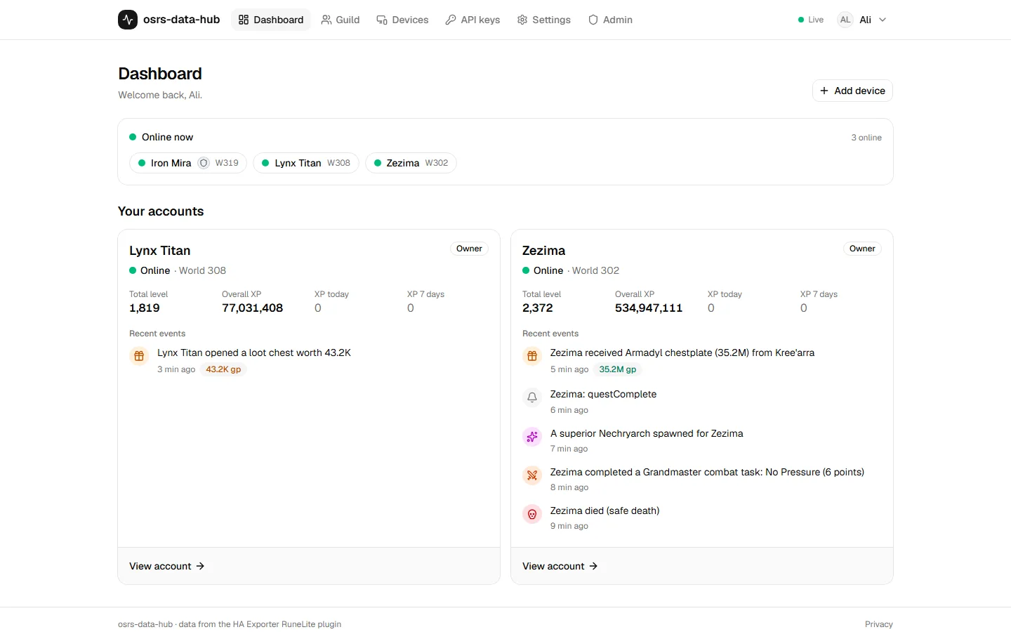 The dashboard: who is online and a card per account with recent events