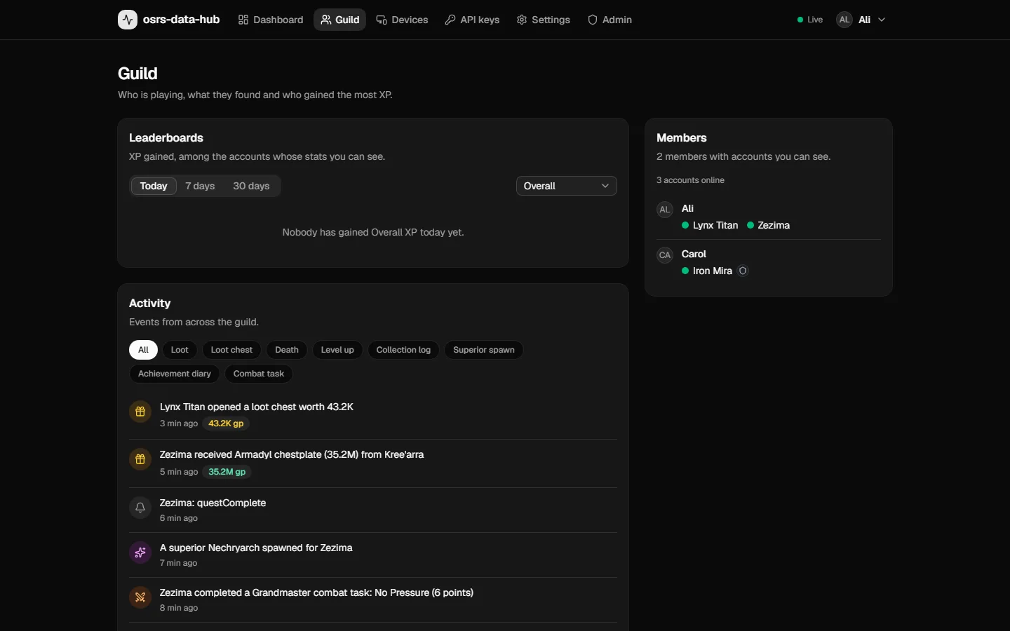 The guild page: leaderboards, members and the live activity feed