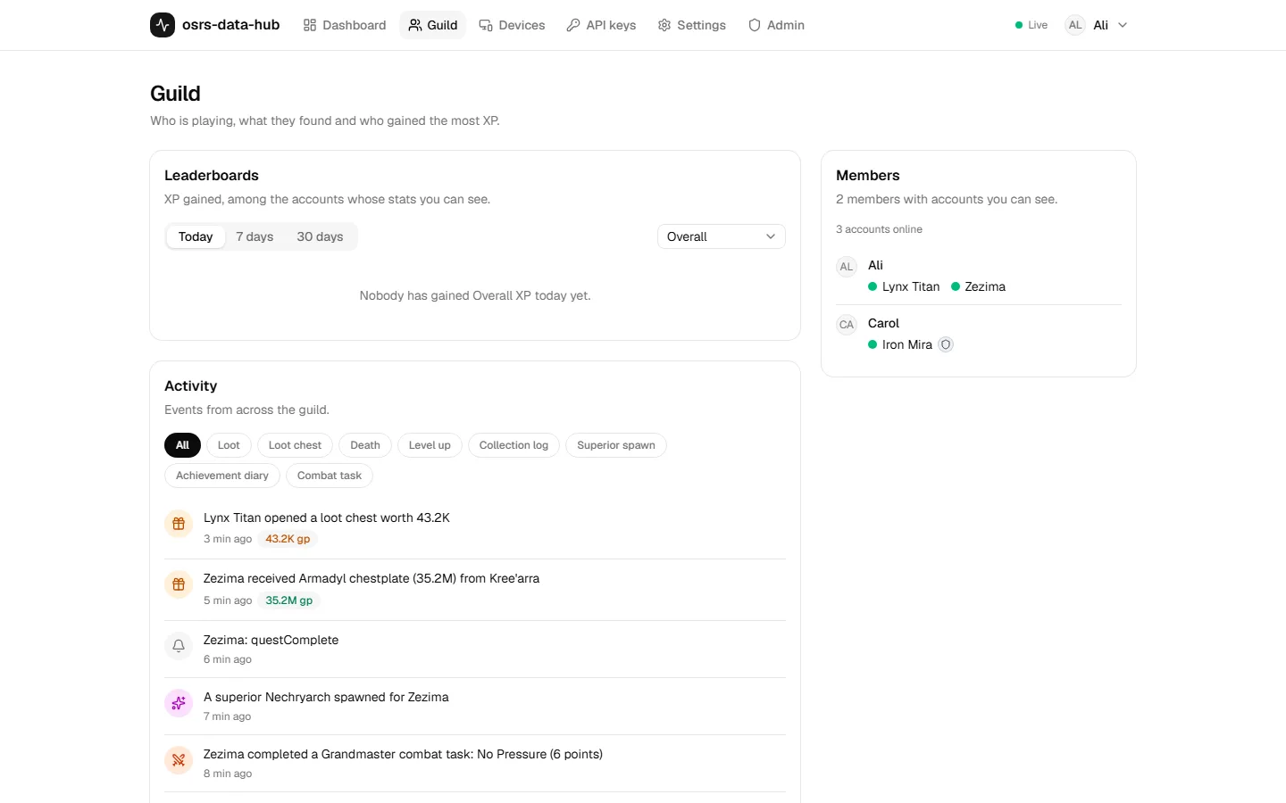 The guild page: leaderboards, members and the live activity feed