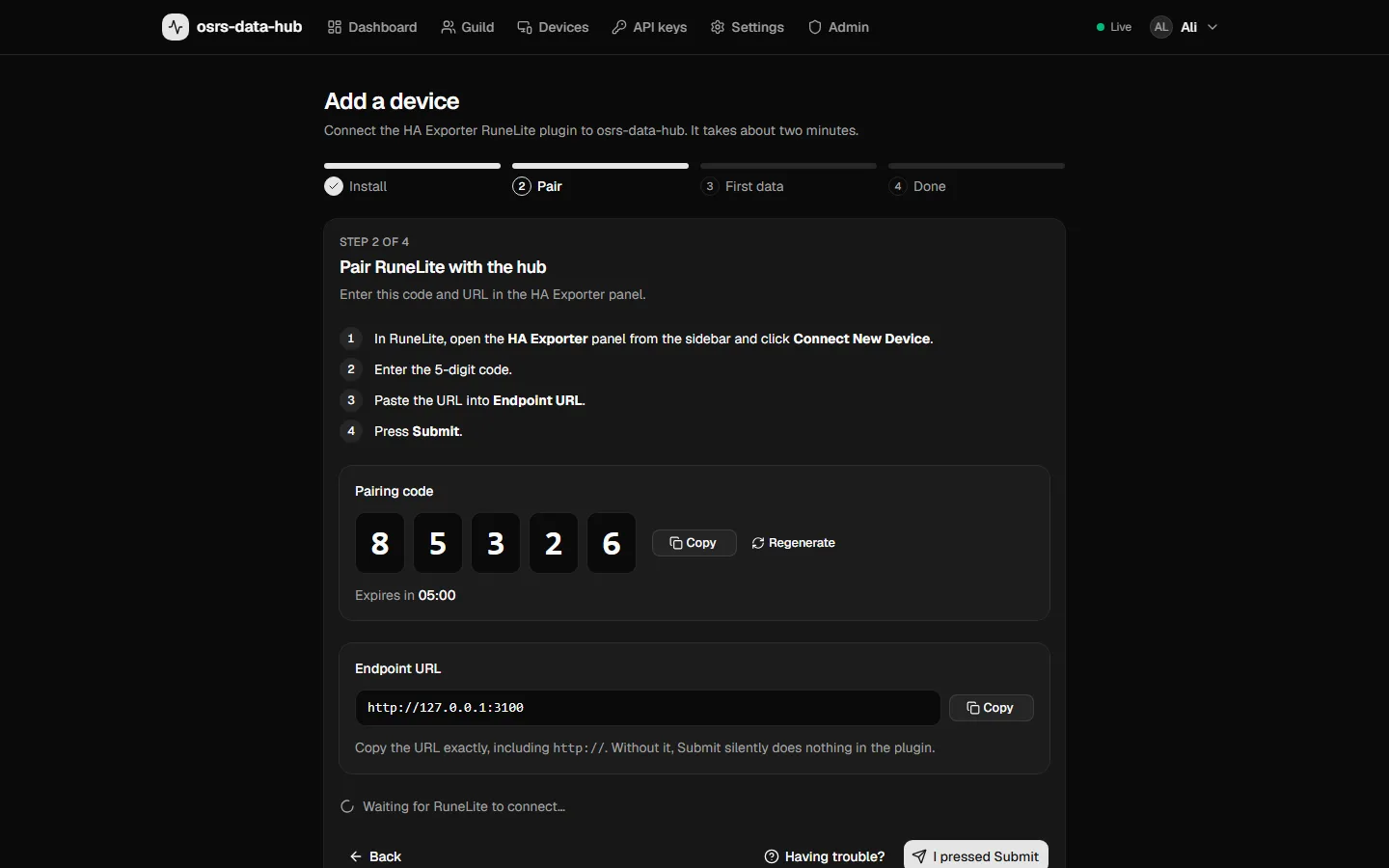 The pairing wizard showing a 5-digit code and the endpoint URL