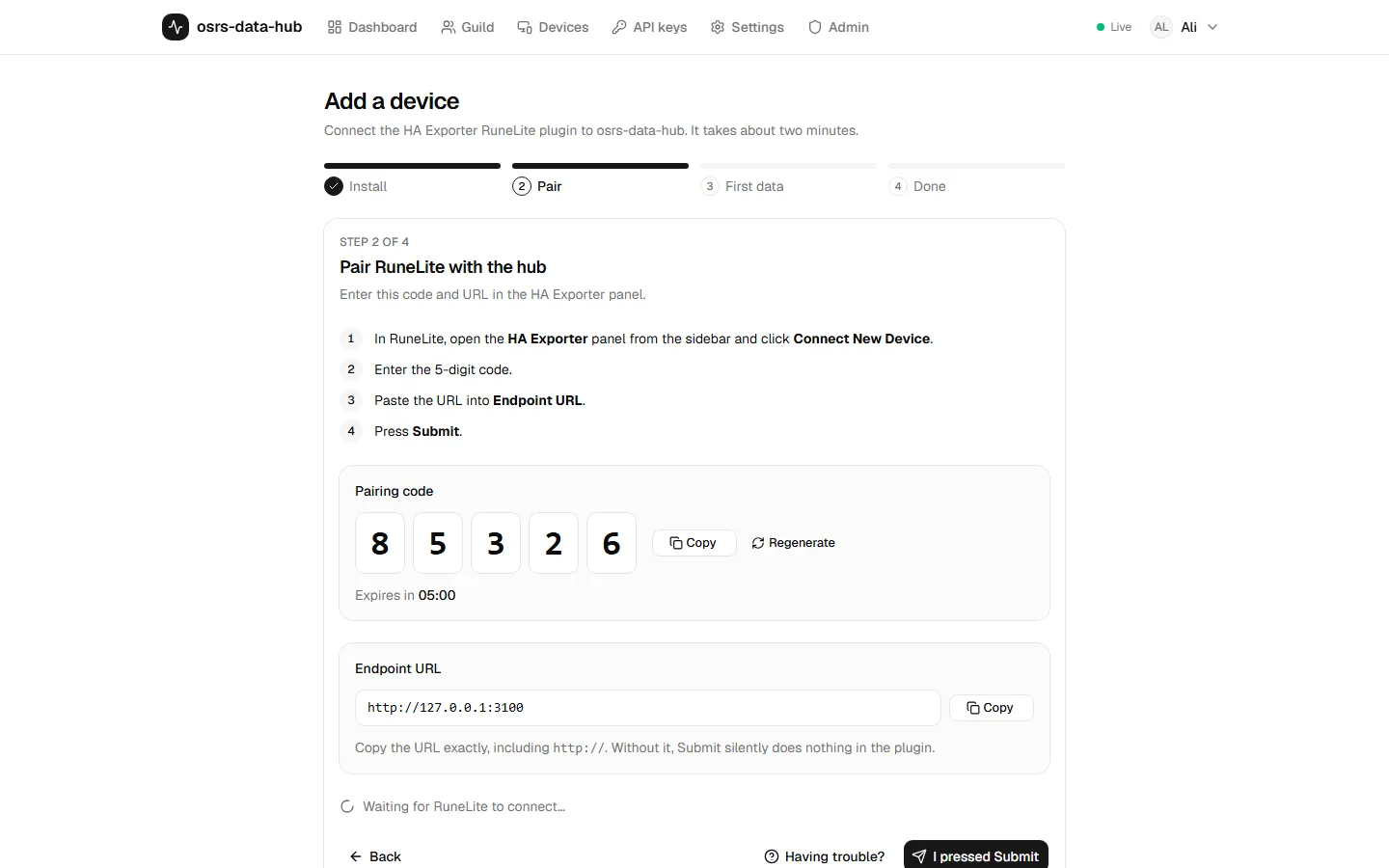 The pairing wizard showing a 5-digit code and the endpoint URL